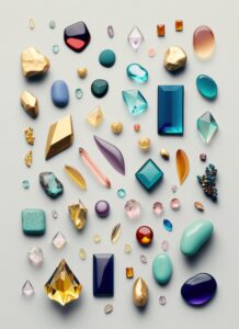 Top view of set of gemstones including fine gem, jewel and precious stone. Minimalistic, flat lay, overhead view, copy space.